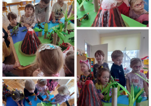 Dzieci tworzą makietę środowiska dinozaurów.