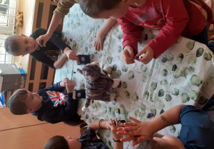 Dzieci wyklejają kotki z plasteliny.