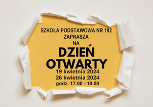 Szkoła Podstawowa nr 192 w Łodzi zaprasza na dzień otwaty -plakat