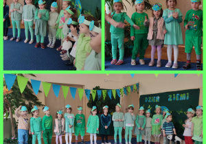 Dzieci ubrane na zielono stoją przygotowane do występu.