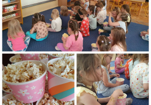 dzieci jedzą popcorn i oglądają film