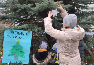 Pani wiesza gwiazdkę na wysokiej gałązce