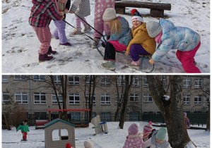 Dzieci ciągną się na sankach