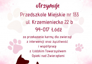 Podziękowanie od Łódzkiego Towarzystwa opieki nad zwierzętami