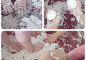 Dzieci lepią kulki ze sztucznego śniegu.