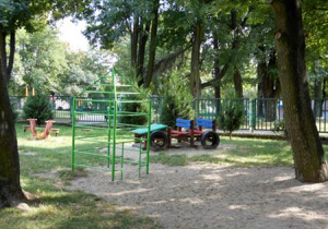 zielona drabinka i kolorowy samochód w ogrodzie przedszkolnym