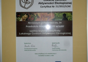 Certyfikat Lokalne Centrum Aktywności Ekologicznej 2013