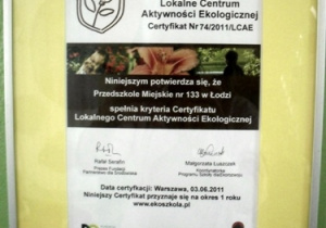 Certyfikat Lokalne Centrum Aktywności Ekologicznej 2011