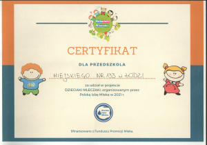 Certyfikat dla przedszkola za udział w projekcie "Dzieciaki Mleczaki"