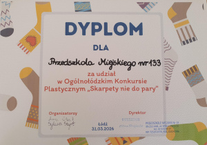 Dyplom za udział w konkursie "Skarpety nie do pary"