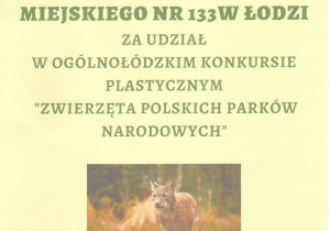 Podziękowanie za udział w konkursie "Zwierzęta polskich Parków Narodowcyh"