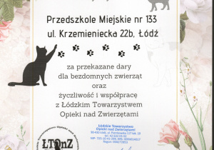 Podziękowanie za przekazane dary do Łódzkiego Towarzystwa Opieki nad Zwierzętami